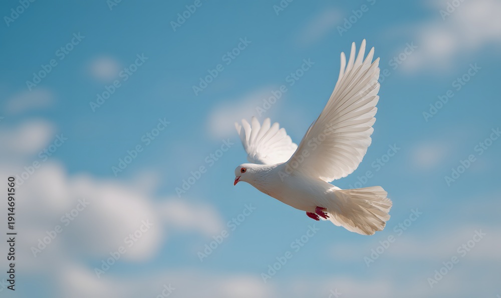 Fototapeta premium A white pigeon flies in a clear blue sky