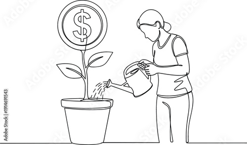Continuous line drawing of a woman watering a money plant with a dollar coin flower representing financial growth investment planning and wealth management.