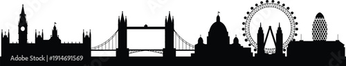 London skyline vector illustration, iconic UK landmarks silhouette, flat vector design