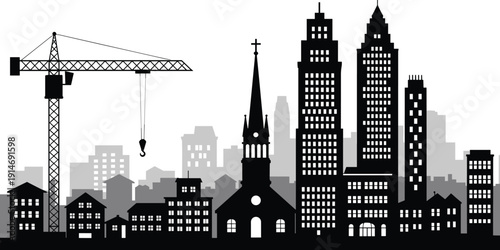 City skyline vector illustration, urban architecture silhouette with crane, flat vector design