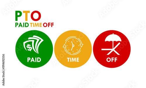 PTO paid time off logo featuring money, clock, and beach umbrella icons in green, yellow, and red circles. Isolated vector illustration for HR and employee benefits