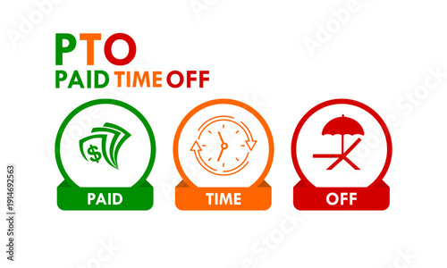 PTO paid time off logo featuring money, clock, and beach umbrella icons in green, yellow, and red circles. Isolated vector illustration for HR and employee benefits