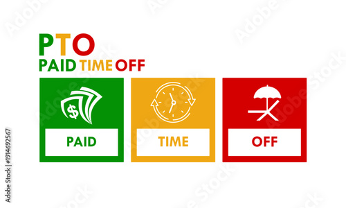 PTO paid time off logo featuring money, clock, and beach umbrella icons in green, yellow, and red circles. Isolated vector illustration for HR and employee benefits