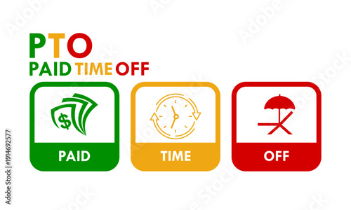 PTO paid time off logo featuring money, clock, and beach umbrella icons in green, yellow, and red circles. Isolated vector illustration for HR and employee benefits