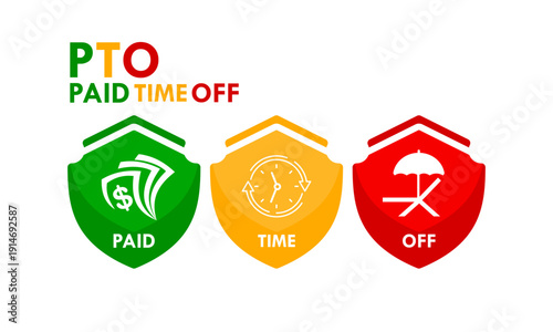 PTO paid time off logo featuring money, clock, and beach umbrella icons in green, yellow, and red circles. Isolated vector illustration for HR and employee benefits