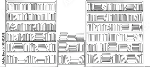 Continuous line drawing of large library bookshelves and stacks of books representing education academic research and a wall of knowledge.