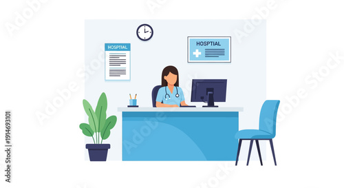 Professional Female Doctor or Nurse Working at Hospital Reception Desk, Medical Office Administration and Healthcare Staff Vector Illustration.