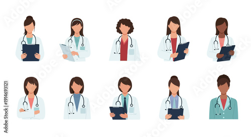 Diverse Female Doctors and Healthcare Professionals Avatars. Flat Vector Icon Collection of Women Physicians and Medical Staff with Stethoscopes.