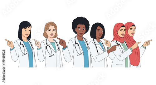 Diverse Group of Female Doctors Pointing Right. Multicultural Physicians Team, Healthcare Workers Representation Vector Illustration.