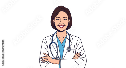 Confident Female Doctor Illustration. Smiling Asian Physician in Lab Coat with Stethoscope. Professional Healthcare Worker Vector Art.