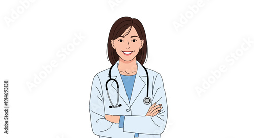Confident Female Doctor Portrait Illustration. Smiling Woman Physician in White Coat with Stethoscope. Healthcare Professional Arms Crossed.