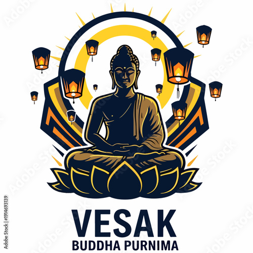 Vesak Day Illustration with Meditating Buddha and Flying Lanterns