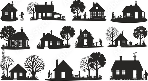 Village house silhouette collection, rural homes with people and trees, countryside lifestyle scenes, residential architecture, black vector illustration set