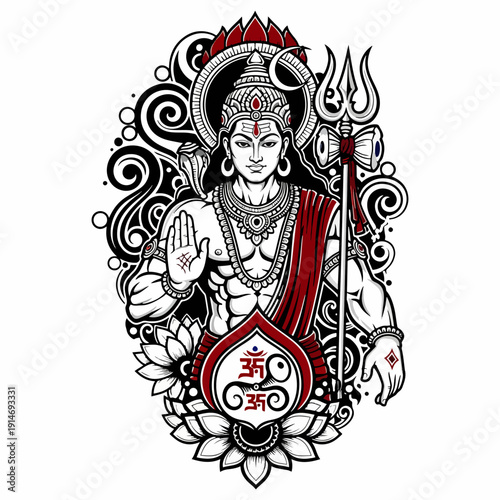 Lord Shiva Illustration with Trishula and Lotus Flower in Modern Vector Style