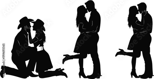 Black silhouette set of romantic couple in cowboy hats, featuring proposal and kissing scenes, isolated on white background, vector illustration.