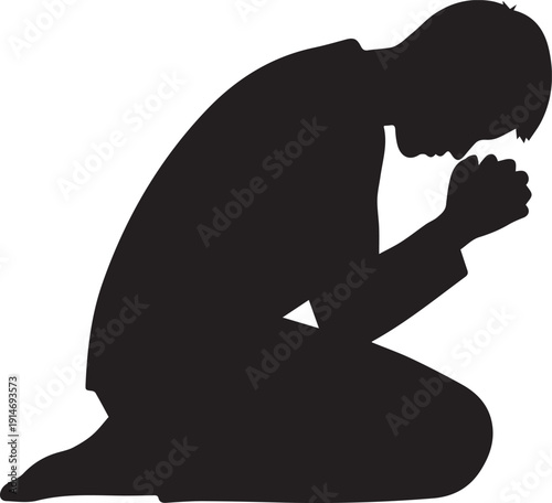 Kneeling man praying in humble pose silhouette vector illustration for religious concepts