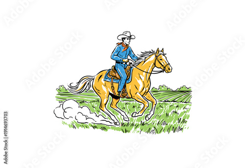 Cowboy on horse vintage artwork. Wild West graphic print design. Western illustration for apparel. Rancher horseback hand drawn sketch. Freedom advent