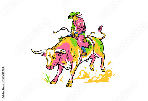 Cowboy riding bull rodeo artwork design. Bull riding extreme sport illustration. Wild west spirit graphic print for apparel. Neon pop art style vintag