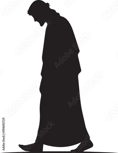Sad jesus christ walking looking down religious man vector silhouette illustration