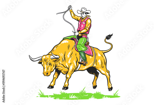 Rodeo bull riding vintage artwork for t-shirt. Cowboy riding bull graphic print design. Western rodeo event poster design. American cowboy challenge a