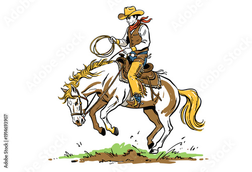 Cowboy riding a horse artwork for t-shirt. Wild west rodeo design. Western spirit illustration. Vintage cowboy sketch. Ranch life adventure graphic pr