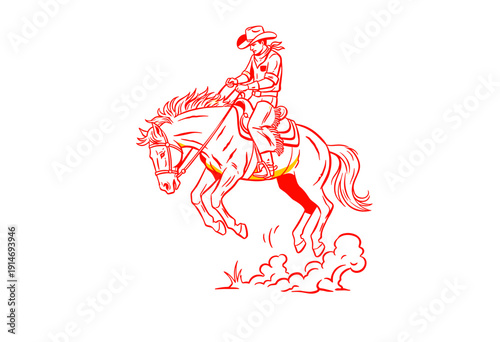 Rodeo cowboy riding bucking horse artwork. Western lifestyle graphic print design. Bull riding artwork for t-shirt print. Wild west sport vintage illu