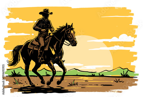Cowboy riding horse vintage artwork. Wild west rodeo graphic design. Equestrian adventure poster print. Western landscape background art. Sunset ride