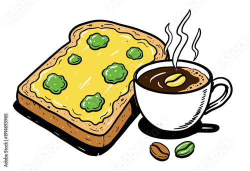 Breakfast graphic artwork design for t-shirt. Coffee and toast breakfast art. Vintage style brunch illustration. Morning food sketch. Energy food desi