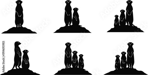 Black meerkat silhouette vector collection featuring suricates standing on mounds in various group sizes isolated on a clean white background.