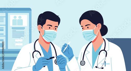 Doctors Team Consulting: Male and Female Medical Staff in Masks and Gloves Discussing Instrument. Healthcare Collaboration and Protection Illustration.