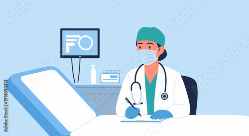 Female Doctor in Mask Writing Patient Notes. Medical Professional Consultation in Examination Room. Flat Healthcare Illustration.