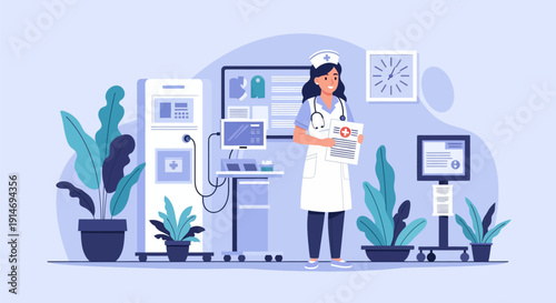 Professional Female Nurse Holding Patient Record in Modern Hospital Setting. Flat Vector Healthcare Illustration.