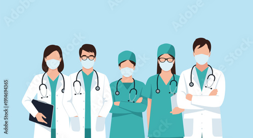 Diverse Medical Team Group Wearing Face Masks and Scrubs. Healthcare Professionals Staff Standing Together.