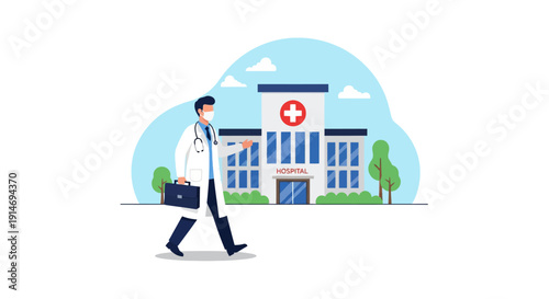 Healthcare Professional in Face Mask Walking Towards Hospital. Medical Staff Arrival. Flat Vector Illustration.