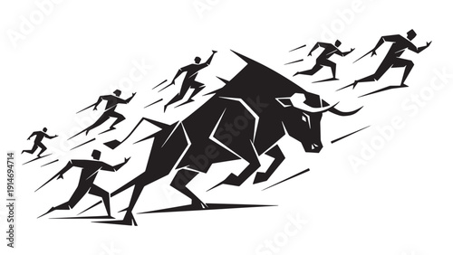 Investors Driving Bull Run, Crowd Pushing Charging Bull Metaphor for Market Momentum, Herd Behavior and Financial Rally Vector