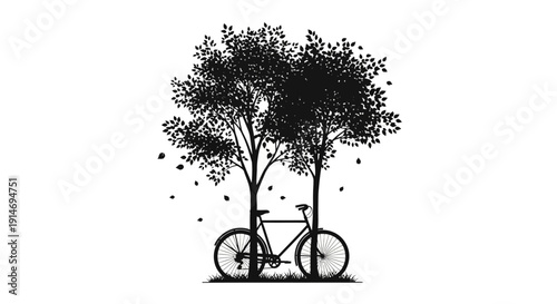 Silhouette of a bicycle nestled between two trees, with falling leaves adding a touch of autumn charm to the scene