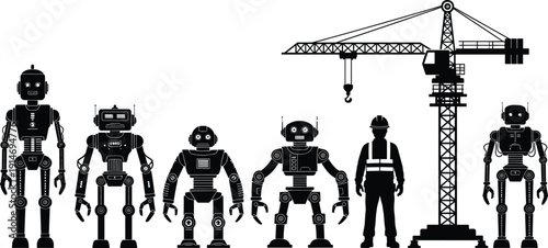 Collection of Industrial Robot Silhouettes with Construction Worker and Tower Crane Vector Set Illustrating Automation Technology Mechanical Engineering and Future Workforce Trends on White Background