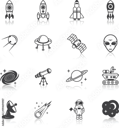 Robotic moon rover and satellite dish technology icon pack vector