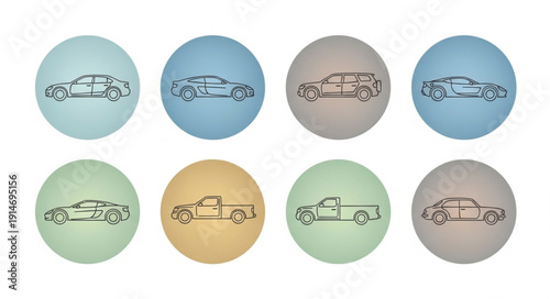 Eight colorful ping pong balls with car outlines.