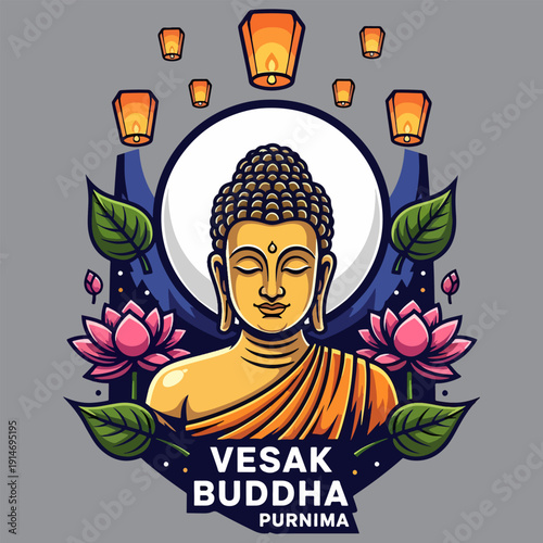 Vesak Day Illustration with Meditating Buddha and Flying Lanterns