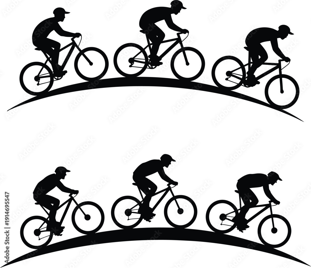 Obraz premium Silhouettes of cyclists riding bicycles on a curved path black white