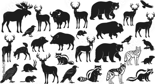 Comprehensive collection of black wildlife animal silhouettes featuring bear deer moose bison wolf and birds isolated on white for forest nature hunting vector designs