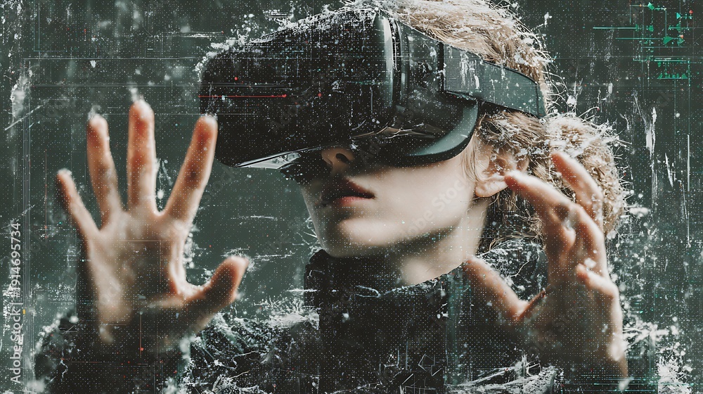 Fototapeta premium Woman wearing VR headset with futuristic interface glitch
