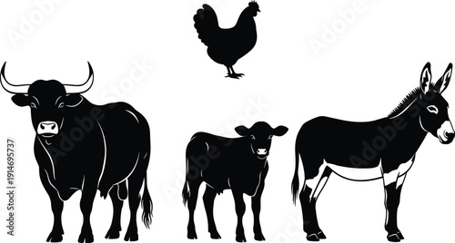 Collection of Four Farm Animal Silhouette Vector Illustration Set, Including Bull Calf Donkey and Hen for Livestock Agriculture Ranch and Domesticated Animal Design,