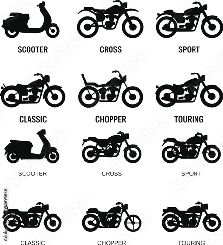 Black silhouettes of different types of motorcycles and scooters in a grid layout 1