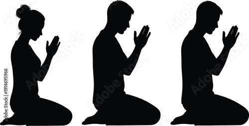 Collection of Three People Praying Silhouette Vector Illustration Set, Male and Female Figures Kneeling in Prayer for Religious Spiritual and Faith Based Design,
