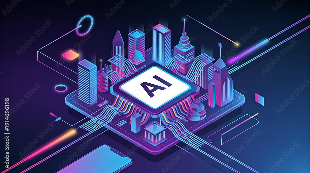 Fototapeta premium Artificial intelligence processor chip with futuristic cityscape and digital technology network background