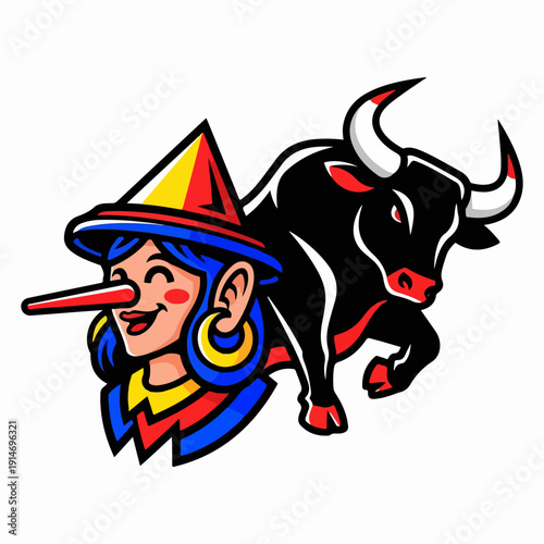 Cartoon Pinocchio and Charging Bull Vector Design for Branding