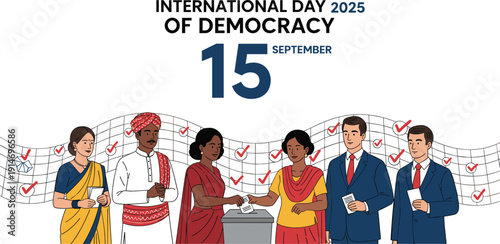 Diverse people casting ballots into a box for International Day of Democracy celebration on September fifteen vector illustration.