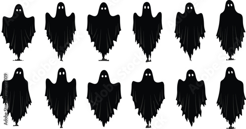 Large set of black silhouettes of scary ghosts and spooky spirits with glowing eyes isolated on white background for Halloween horror and gothic design